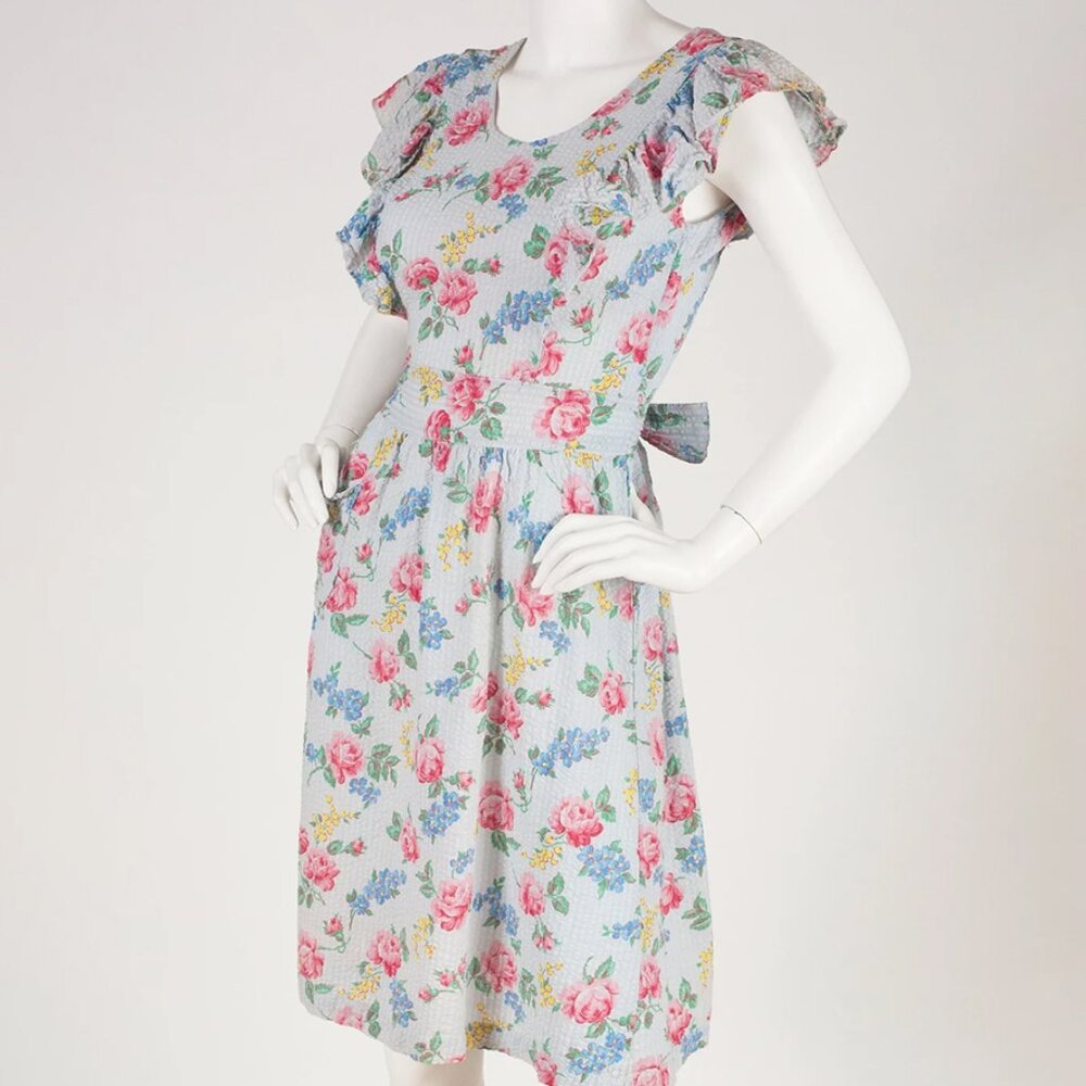 1940s Vintage Ruffle Floral Blue Cotton Apron Pinafore House Dress Sz S